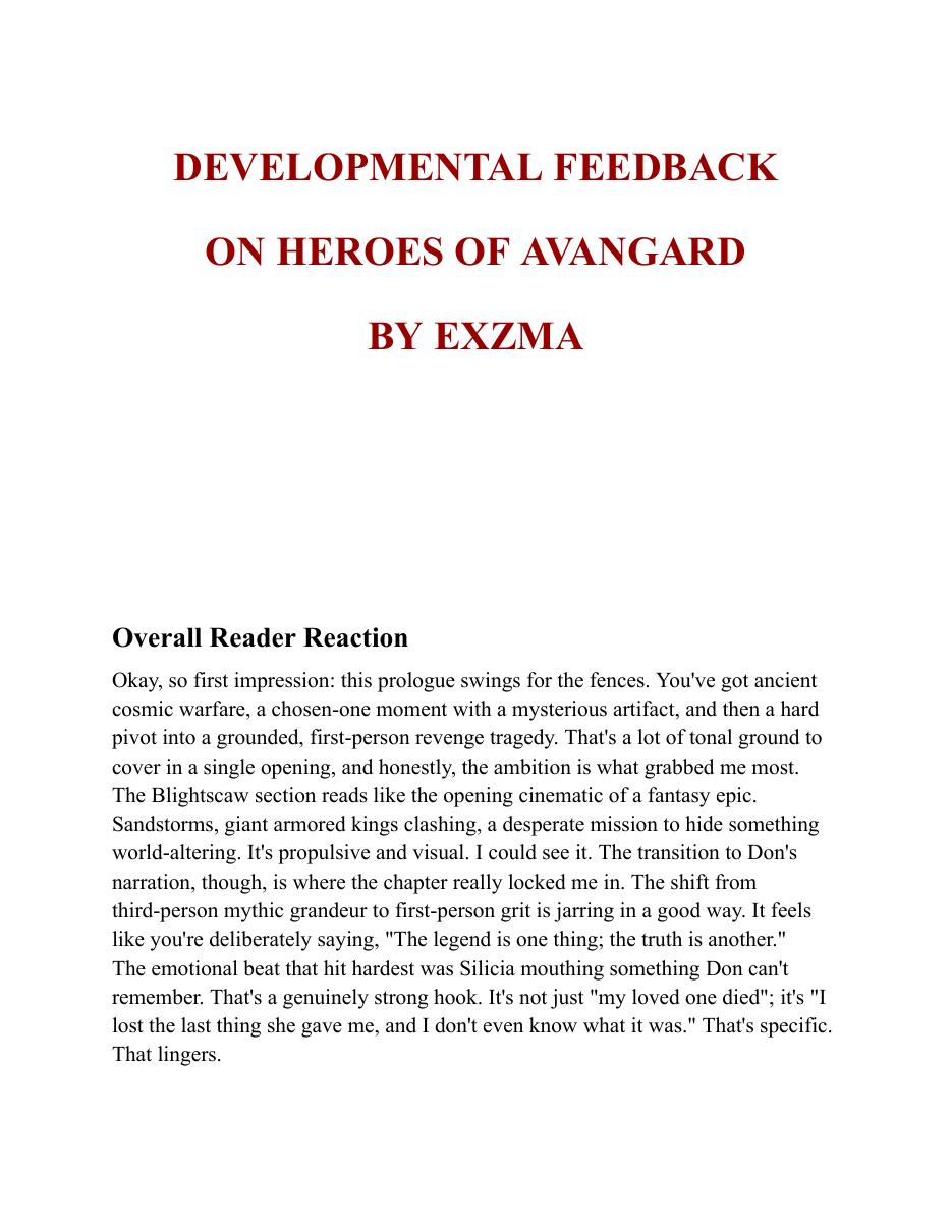 First page of the Heroes of Avangard feedback report