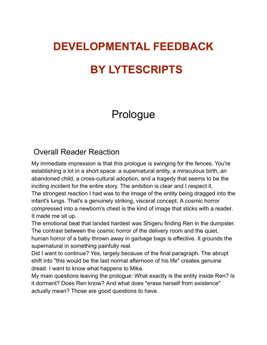 First page of the Dark fantasy prologue feedback report
